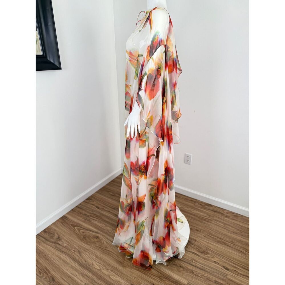 Alexander McQueen Womens Cape Sleeve Sheer Floral-Silk Gown White Sz 4/6 - Picture 9 of 16
